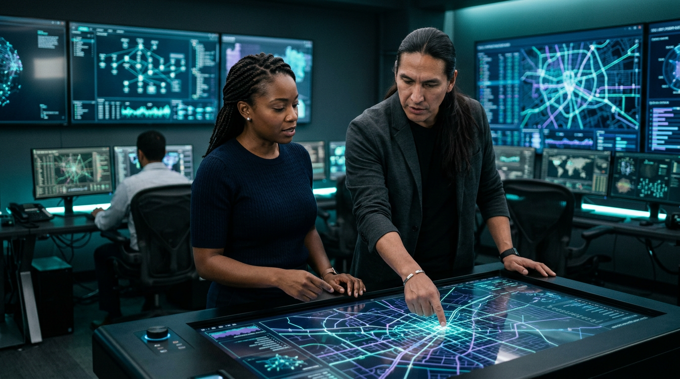 Black woman and Native American Indigenous man collaborating on security research