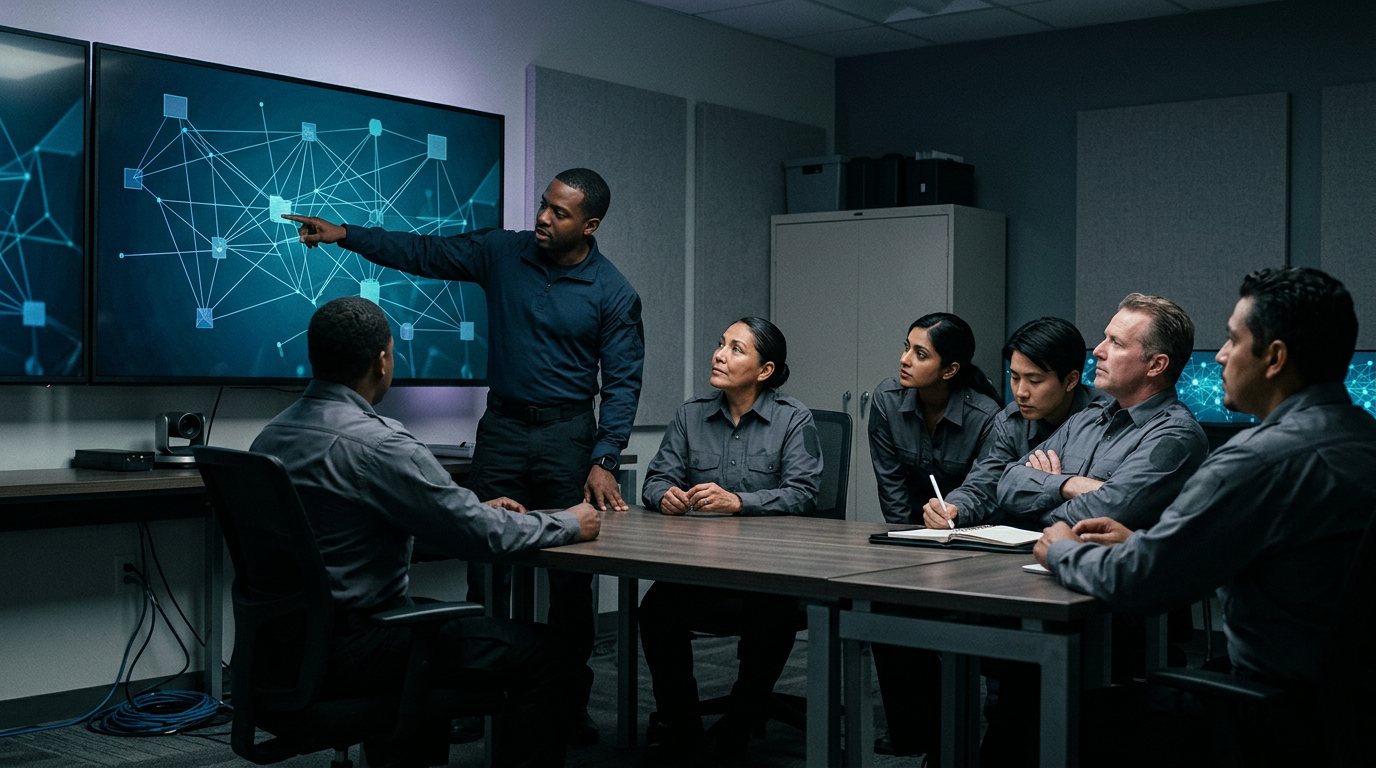 Diverse security team reviewing a network topology