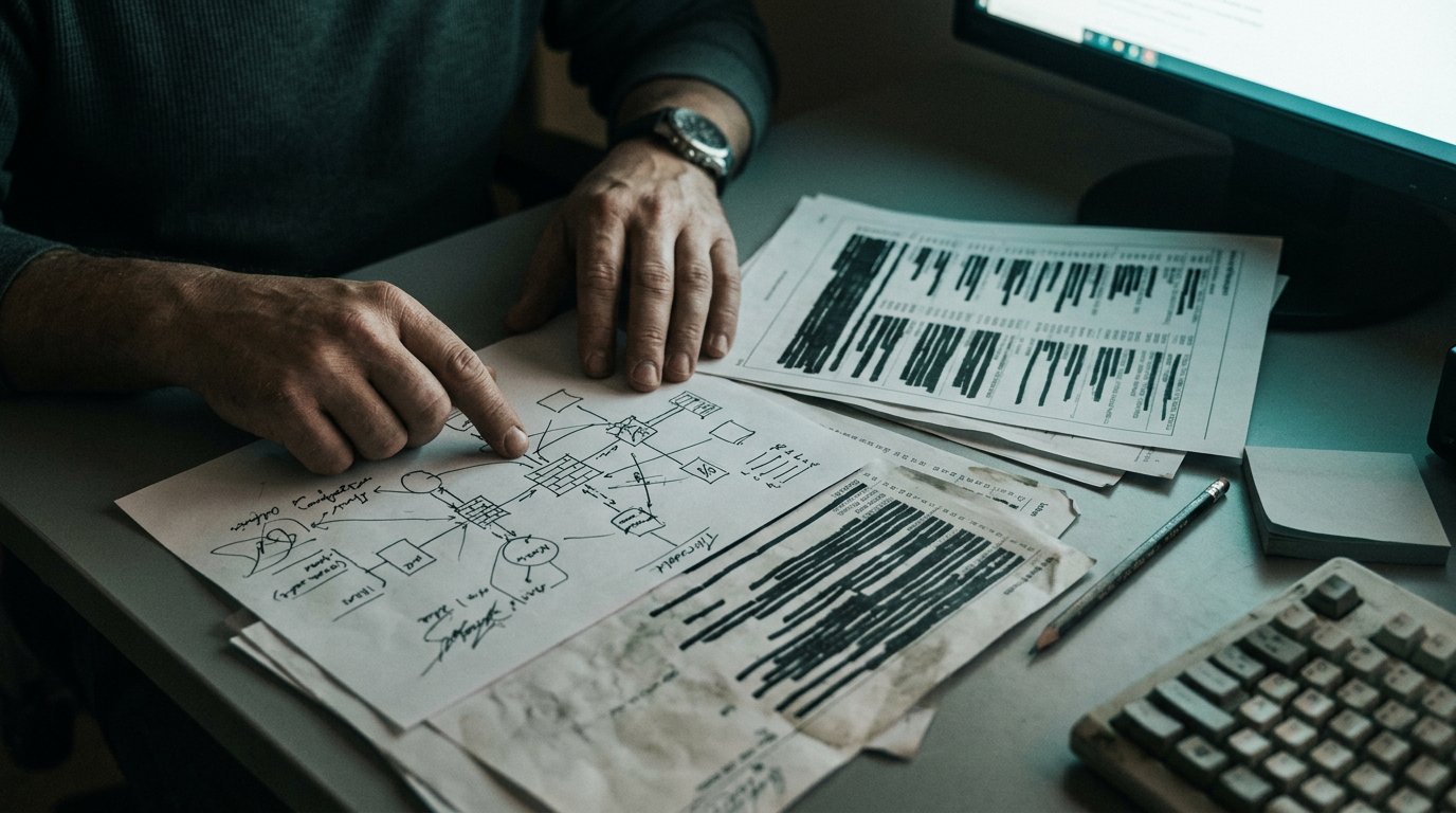 Security researcher reviewing public evidence at a desk