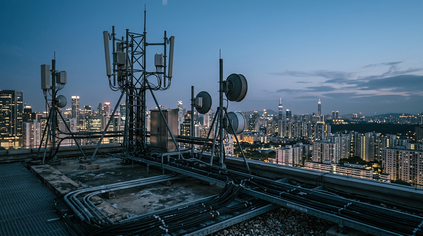 Public communications infrastructure at blue hour
